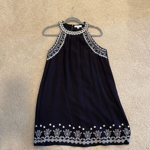 THML A-line black dress w white embroidery
